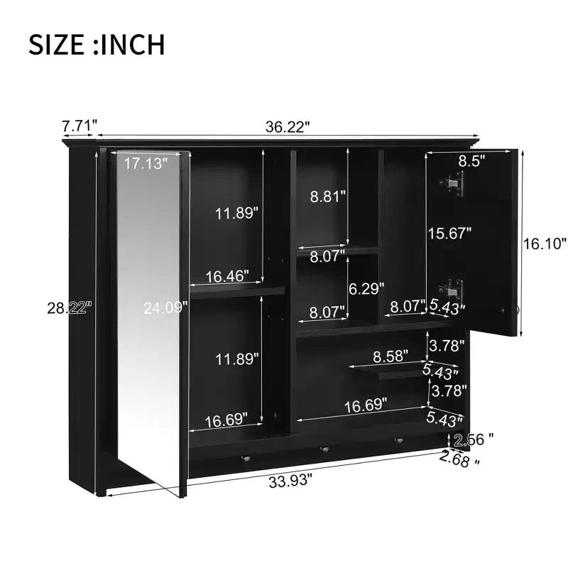 FAMYYT Armoire à pharmacie rectangulaire en MDF avec miroir, 6 étagères, boutons porte-serviettes