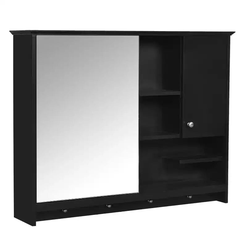 FAMYYT Armoire à pharmacie rectangulaire en MDF avec miroir, 6 étagères, boutons porte-serviettes