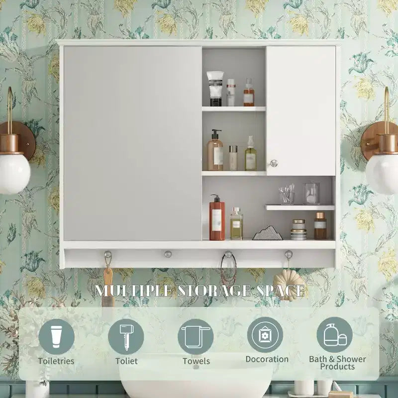 FAMYYT Armoire à pharmacie rectangulaire en MDF avec miroir, 6 étagères, boutons porte-serviettes