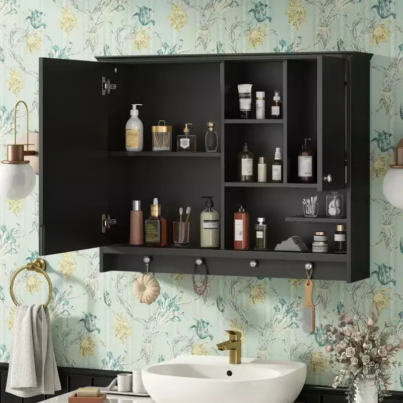 FAMYYT Armoire à pharmacie rectangulaire en MDF avec miroir, 6 étagères, boutons porte-serviettes