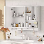 FAMYYT Armoire à pharmacie rectangulaire en MDF avec miroir, 6 étagères, boutons porte-serviettes