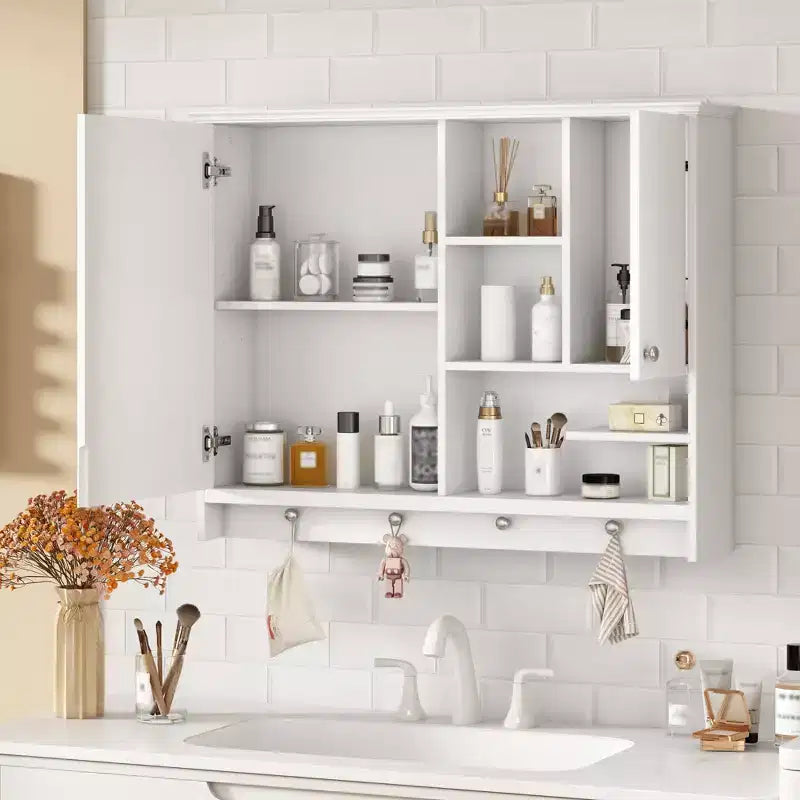 FAMYYT Armoire à pharmacie rectangulaire en MDF avec miroir, 6 étagères, boutons porte-serviettes