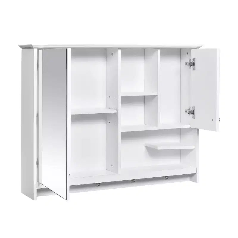 FAMYYT Armoire à pharmacie rectangulaire en MDF avec miroir, 6 étagères, boutons porte-serviettes