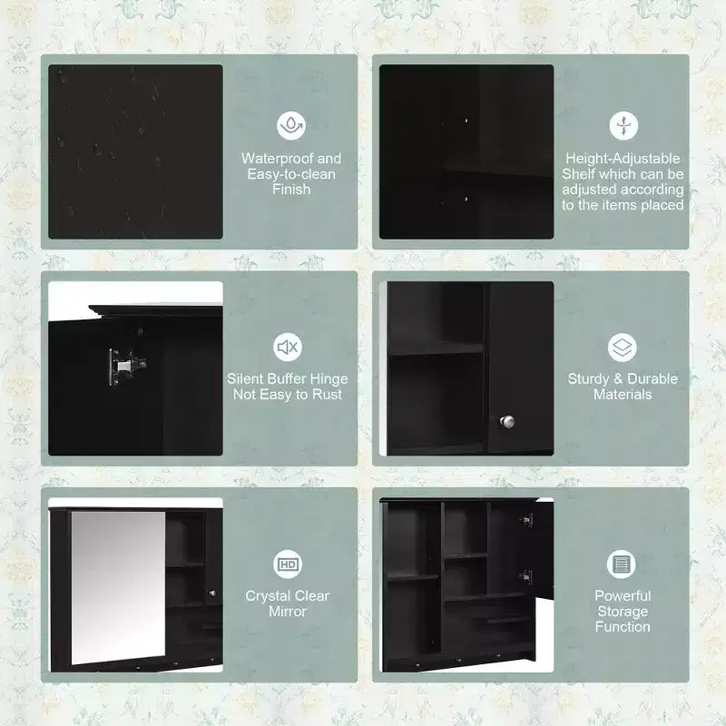 FAMYYT Armoire à pharmacie rectangulaire en MDF avec miroir, 6 étagères, boutons porte-serviettes
