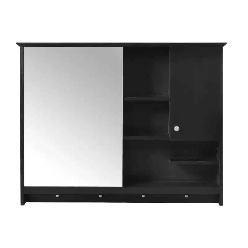 FAMYYT Armoire à pharmacie rectangulaire en MDF avec miroir, 6 étagères, boutons porte-serviettes
