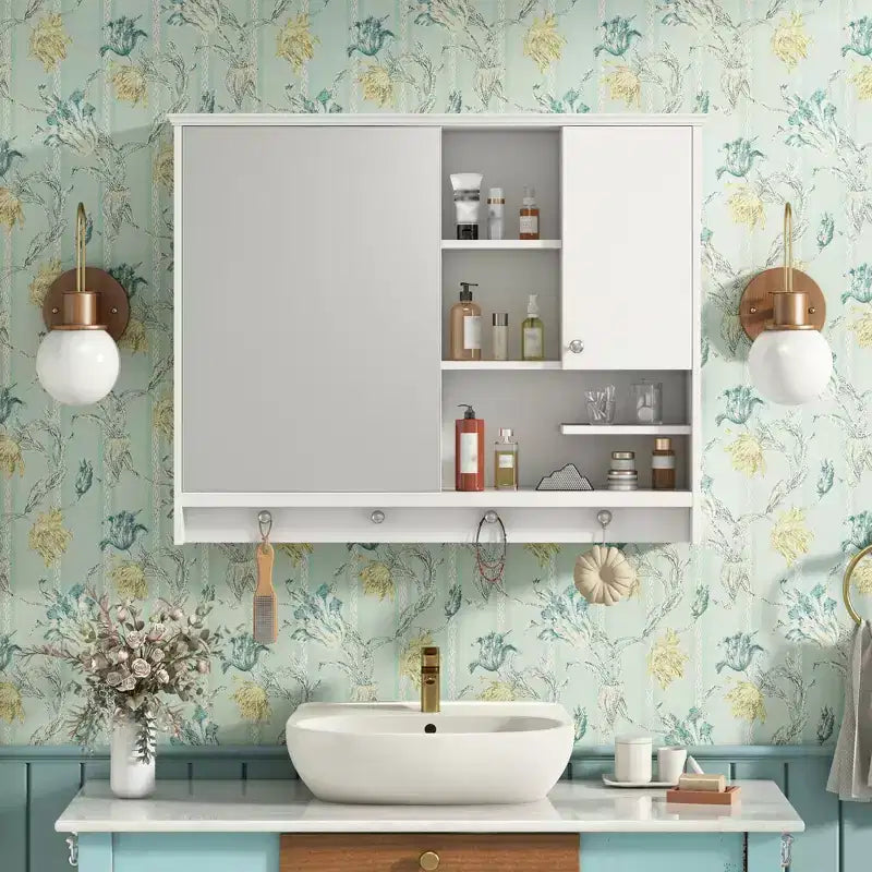 FAMYYT Armoire à pharmacie rectangulaire en MDF avec miroir, 6 étagères, boutons porte-serviettes
