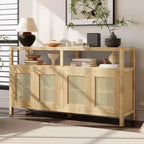 Buffet bahut en rotin style bohème, armoire de rangement d'appoint à cadre en bois massif avec portes à ouverture par pression et étagère réglable - Panipeachy