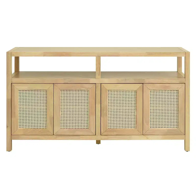 Buffet bahut en rotin style bohème, armoire de rangement d'appoint à cadre en bois massif avec portes à ouverture par pression et étagère réglable - Panipeachy