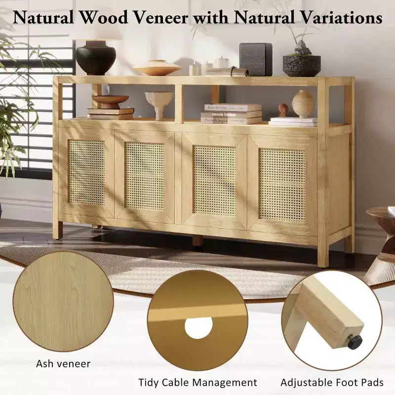 Buffet bahut en rotin style bohème, armoire de rangement d'appoint à cadre en bois massif avec portes à ouverture par pression et étagère réglable - Panipeachy