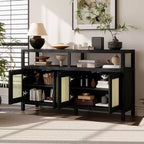 Buffet bahut en rotin style bohème, armoire de rangement d'appoint à cadre en bois massif avec portes à ouverture par pression et étagère réglable - Panipeachy
