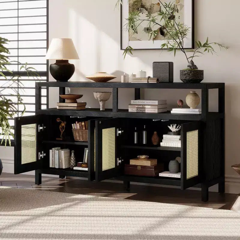 Buffet bahut en rotin style bohème, armoire de rangement d'appoint à cadre en bois massif avec portes à ouverture par pression et étagère réglable - Panipeachy