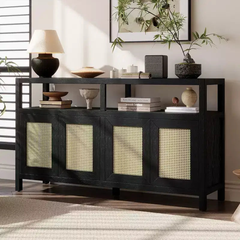 Buffet bahut en rotin style bohème, armoire de rangement d'appoint à cadre en bois massif avec portes à ouverture par pression et étagère réglable - Panipeachy