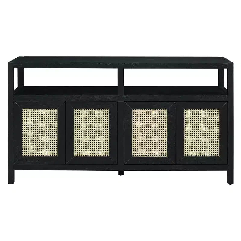Buffet bahut en rotin style bohème, armoire de rangement d'appoint à cadre en bois massif avec portes à ouverture par pression et étagère réglable - Panipeachy