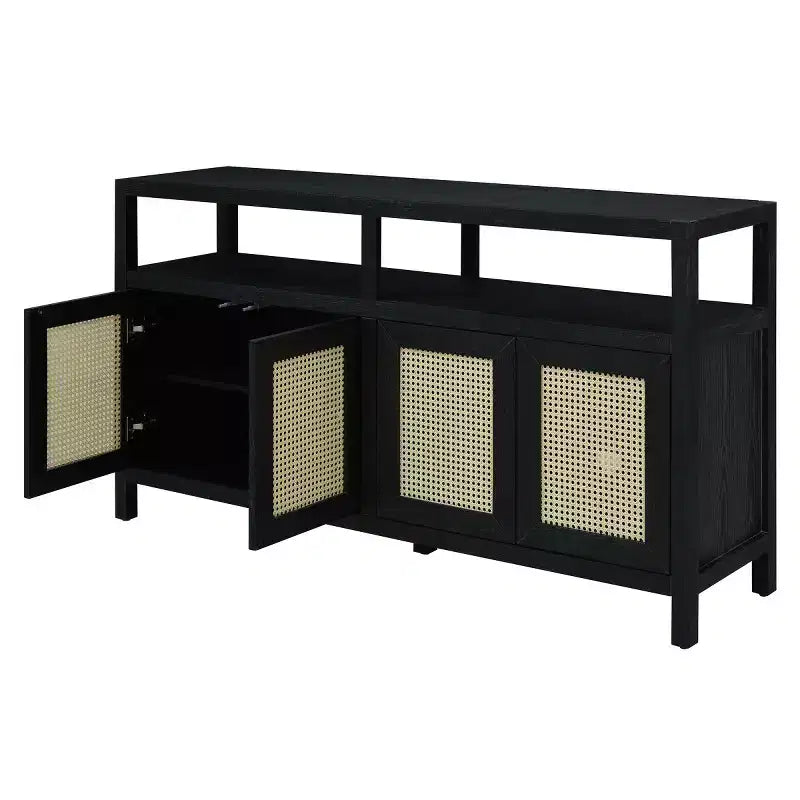 Buffet bahut en rotin style bohème, armoire de rangement d'appoint à cadre en bois massif avec portes à ouverture par pression et étagère réglable - Panipeachy