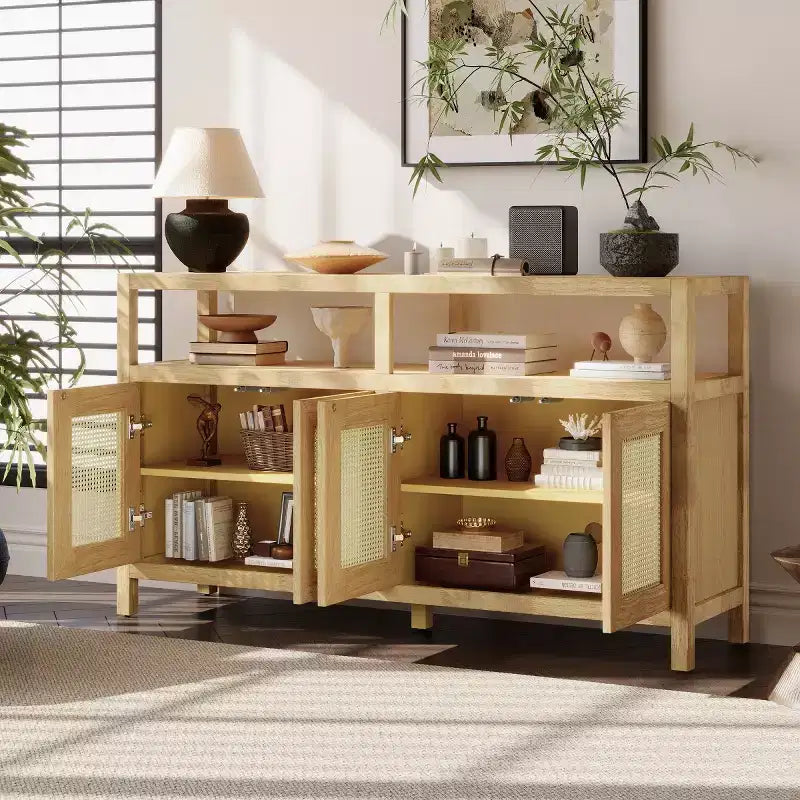 Buffet bahut en rotin style bohème, armoire de rangement d'appoint à cadre en bois massif avec portes à ouverture par pression et étagère réglable - Panipeachy
