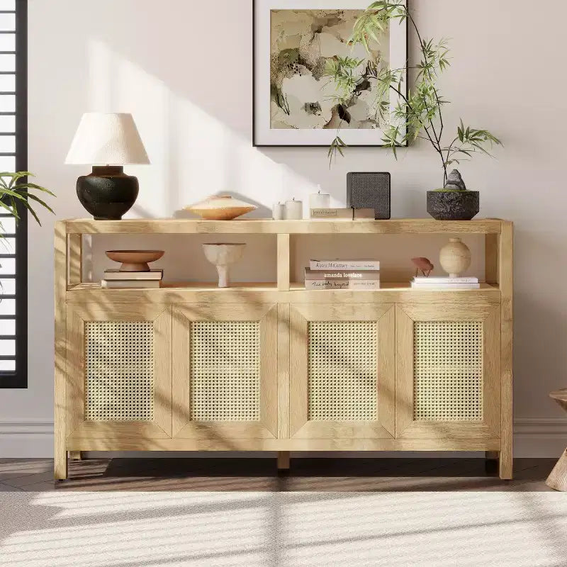 Buffet bahut en rotin style bohème, armoire de rangement d'appoint à cadre en bois massif avec portes à ouverture par pression et étagère réglable - Panipeachy