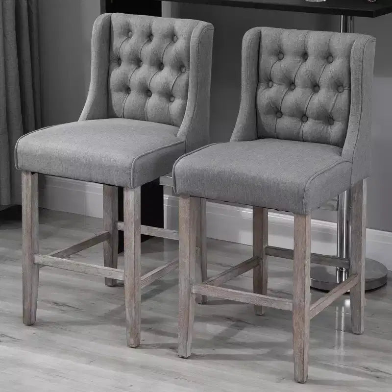 Tabourets de bar hauteur comptoir de 66,7 cm, chaises de salle à manger sans accoudoirs tapissées avec dossier capitonné et pieds en bois d'hévéa, lot de 2