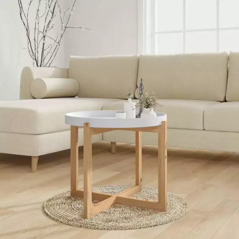 vidaXL Table Basse Ronde Table d'Appoint Canapé Bois d'Ingénierie Bois Massif de Pin - Blanc