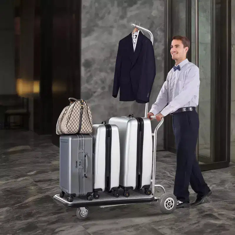 Chariot à Bagages VEVOR, Capacité de Charge de 272 kg, Chariot de Bagagiste à 3 Roues en Acier Inoxydable, Chariot de Voiturier avec Plateau Recouvert de Moquette Grise et Roues en Caoutchouc, Argent