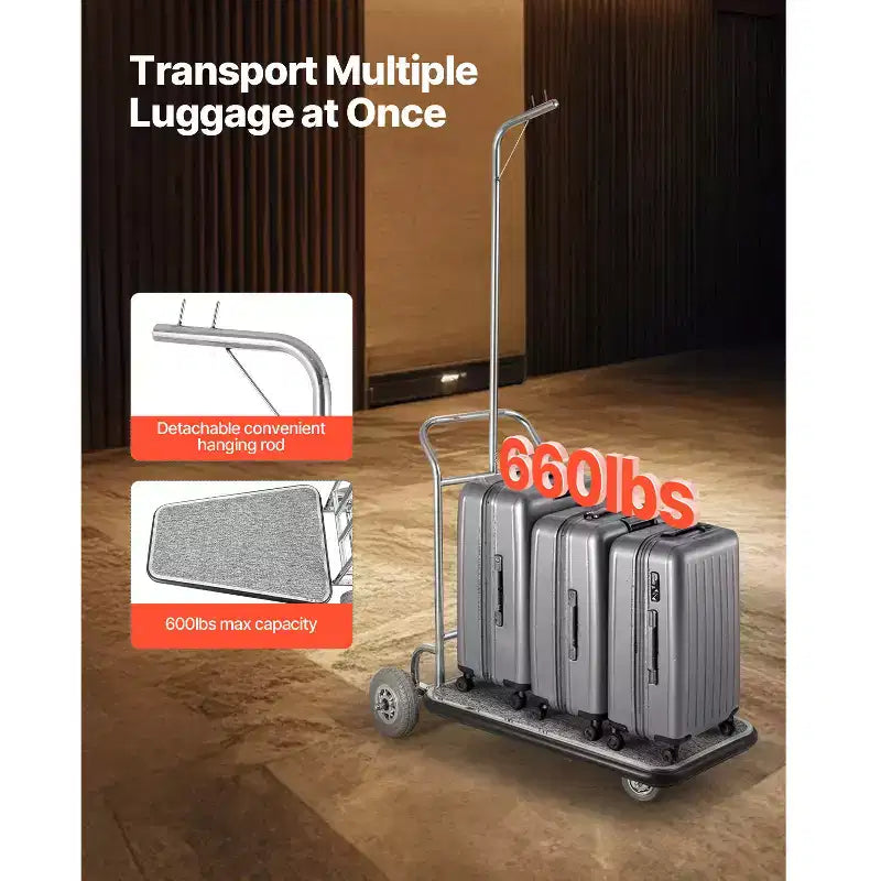 Chariot à Bagages VEVOR, Capacité de Charge de 272 kg, Chariot de Bagagiste à 3 Roues en Acier Inoxydable, Chariot de Voiturier avec Plateau Recouvert de Moquette Grise et Roues en Caoutchouc, Argent
