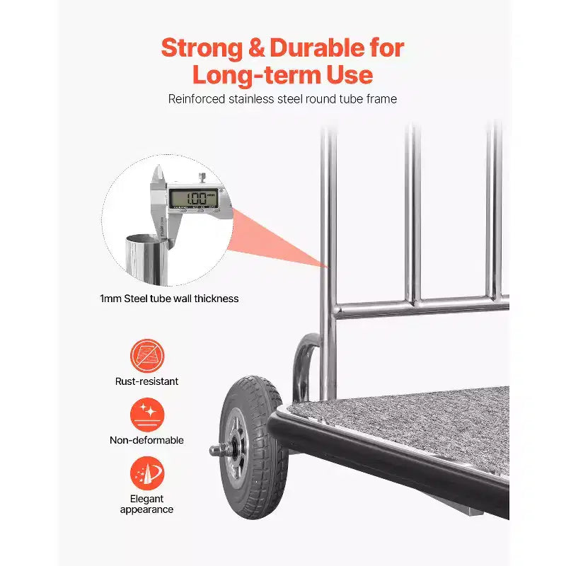 Chariot à Bagages VEVOR, Capacité de Charge de 272 kg, Chariot de Bagagiste à 3 Roues en Acier Inoxydable, Chariot de Voiturier avec Plateau Recouvert de Moquette Grise et Roues en Caoutchouc, Argent