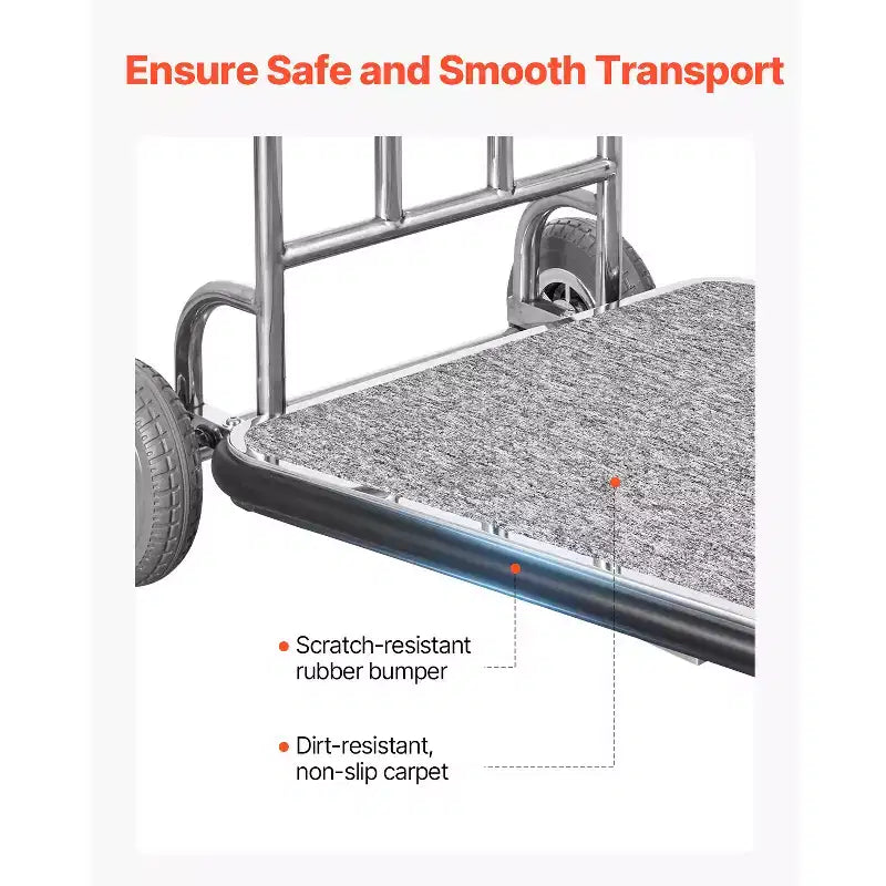 Chariot à Bagages VEVOR, Capacité de Charge de 272 kg, Chariot de Bagagiste à 3 Roues en Acier Inoxydable, Chariot de Voiturier avec Plateau Recouvert de Moquette Grise et Roues en Caoutchouc, Argent