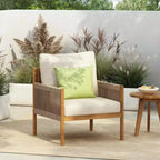 MAYEERTY Lot de 2 chaises longues d'extérieur modernes tressées, cadre en bois massif, coussins confortables en polyester résistants aux intempéries, pour patio, jardin, balcon
