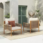 MAYEERTY Lot de 2 chaises longues d'extérieur modernes tressées, cadre en bois massif, coussins confortables en polyester résistants aux intempéries, pour patio, jardin, balcon