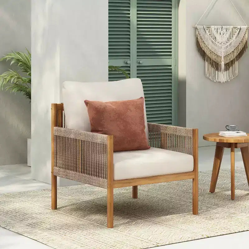 MAYEERTY Lot de 2 chaises longues d'extérieur modernes tressées, cadre en bois massif, coussins confortables en polyester résistants aux intempéries, pour patio, jardin, balcon
