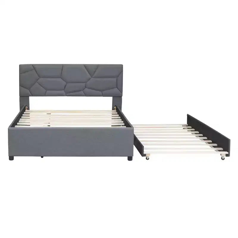 Lit plateforme rembourré MAYEERTY pleine grandeur, tête de lit motif brique, lit gigogne simple en tissu de lin, chambre à coucher, gris