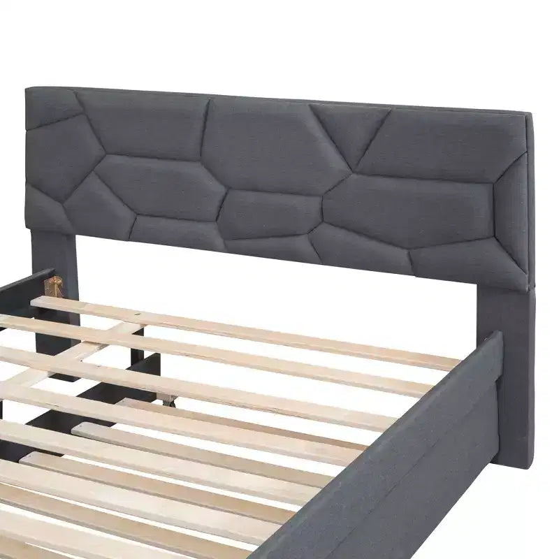 Lit plateforme rembourré MAYEERTY pleine grandeur, tête de lit motif brique, lit gigogne simple en tissu de lin, chambre à coucher, gris