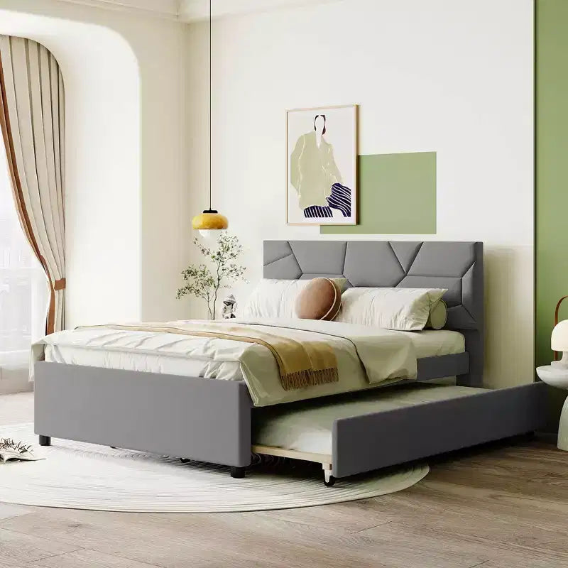Lit plateforme rembourré MAYEERTY pleine grandeur, tête de lit motif brique, lit gigogne simple en tissu de lin, chambre à coucher, gris
