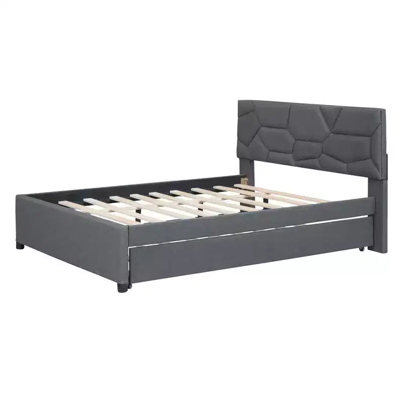 Lit plateforme rembourré MAYEERTY pleine grandeur, tête de lit motif brique, lit gigogne simple en tissu de lin, chambre à coucher, gris