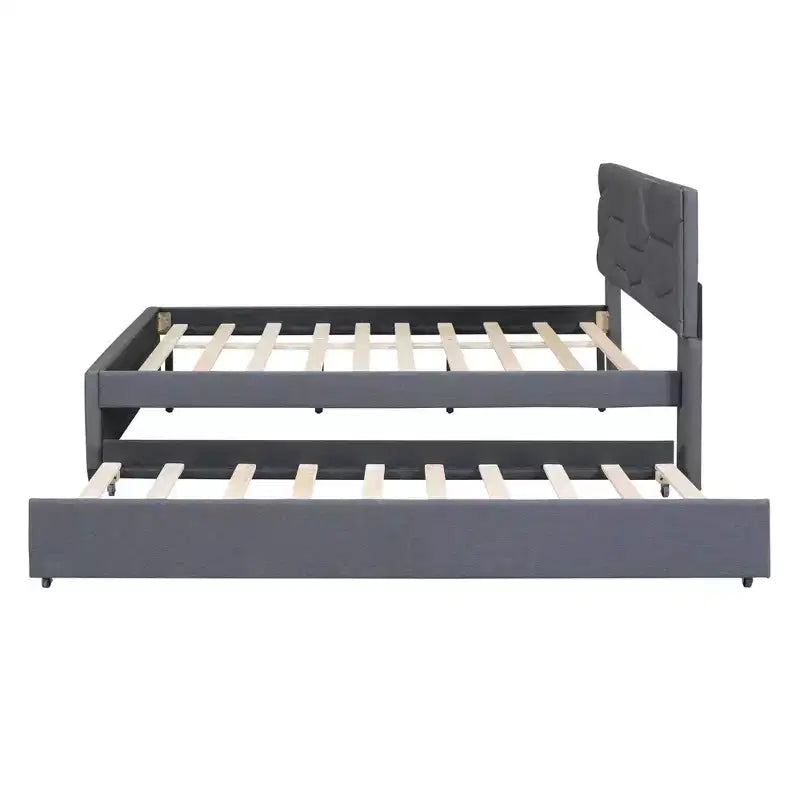 Lit plateforme rembourré MAYEERTY pleine grandeur, tête de lit motif brique, lit gigogne simple en tissu de lin, chambre à coucher, gris