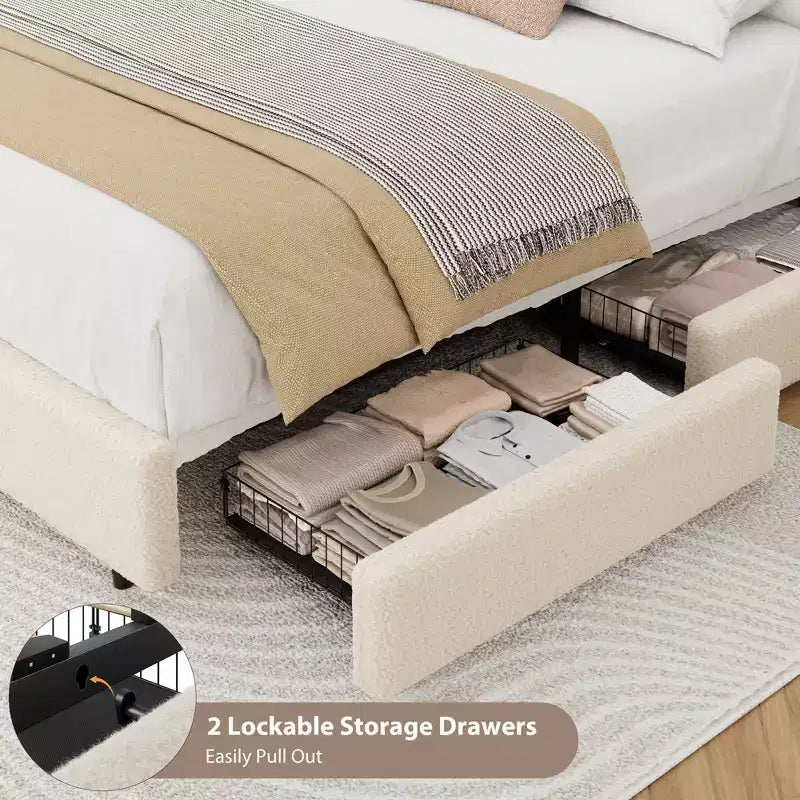 Cadre de lit en polaire Teddy, cadre de lit crème nuage avec 2 tiroirs de rangement et tête de lit réglable, tissu Teddy doux, aucun sommier tapissier requis, assemblage facile