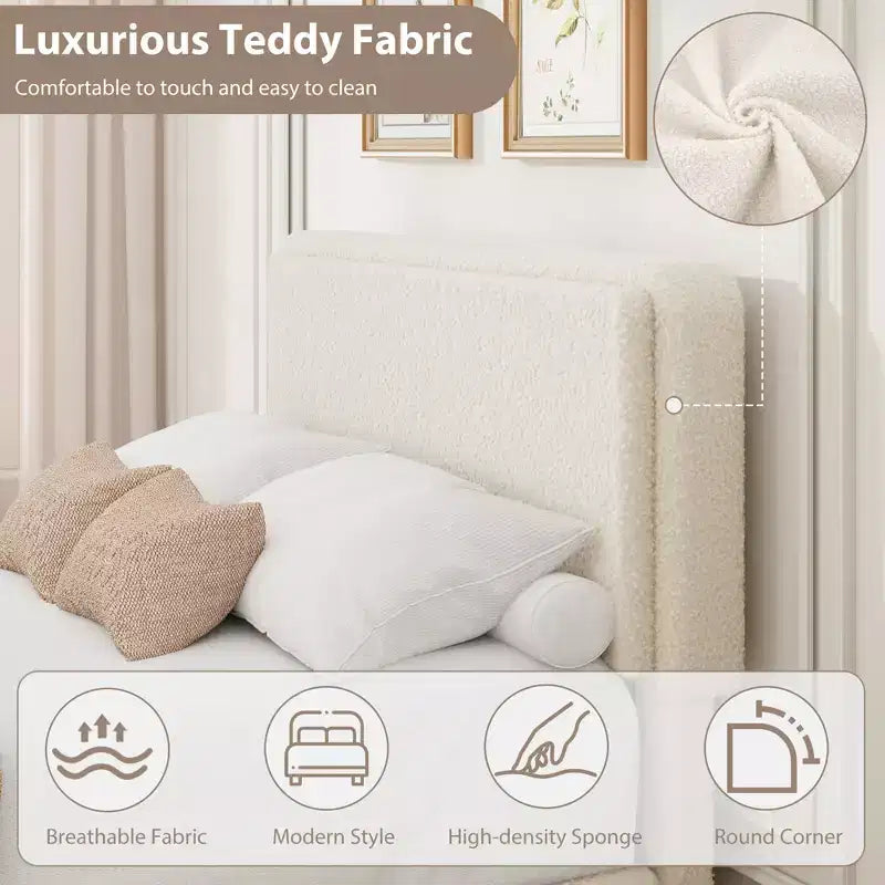 Cadre de lit en polaire Teddy, cadre de lit crème nuage avec 2 tiroirs de rangement et tête de lit réglable, tissu Teddy doux, aucun sommier tapissier requis, assemblage facile