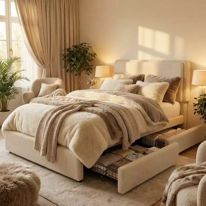 Cadre de lit en polaire Teddy, cadre de lit crème nuage avec 2 tiroirs de rangement et tête de lit réglable, tissu Teddy doux, aucun sommier tapissier requis, assemblage facile