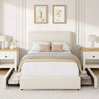 Cadre de lit en polaire Teddy, cadre de lit crème nuage avec 2 tiroirs de rangement et tête de lit réglable, tissu Teddy doux, aucun sommier tapissier requis, assemblage facile