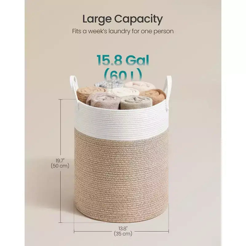 Panier à linge en corde de coton, panier à linge en fibre naturelle de 60 L avec poignées, pour jouets d'enfants, vêtements, chambre à coucher, salon