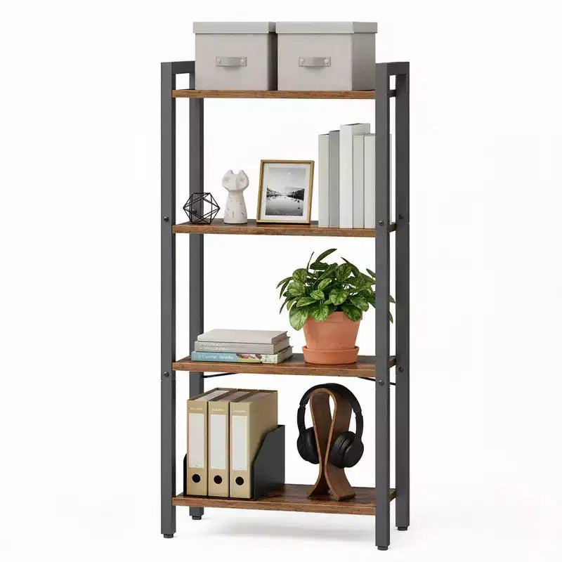 4-Tier Tall Bookshelf, Narrow Bookcase, Skinny Book Shelf for Living Room, Home Office, Study, 9.4 x 15.7 x 42.1 Inches, Rustic Brown and Black