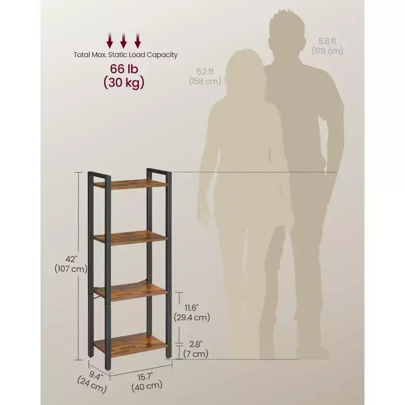 Étagère haute à 4 niveaux, bibliothèque étroite, étagère fine pour salon, bureau à domicile, étude, 23,9 x 39,9 x 106,9 cm, marron rustique et noir