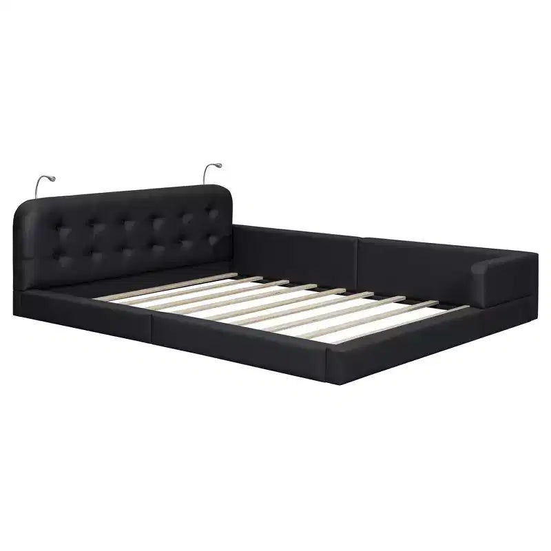 Luxystar Lit plateforme tapissé en similicuir grandeur queen avec 2 lampes de lecture
