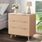 Ensemble de 2 tables de chevet cannelées 32 - Tables de nuit modernes en chêne avec plateau en faux marbre et 3 tiroirs (tables d'appoint incurvées pour chambre/salon)