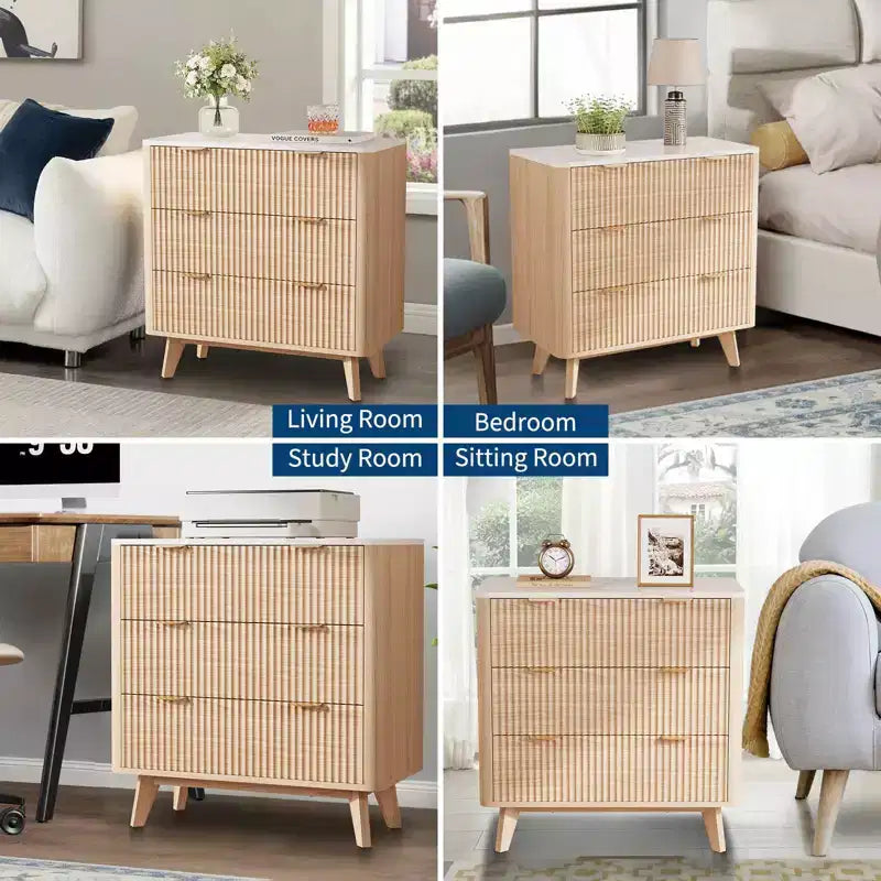 Ensemble de 2 tables de chevet cannelées 32 - Tables de nuit modernes en chêne avec plateau en faux marbre et 3 tiroirs (tables d'appoint incurvées pour chambre/salon)