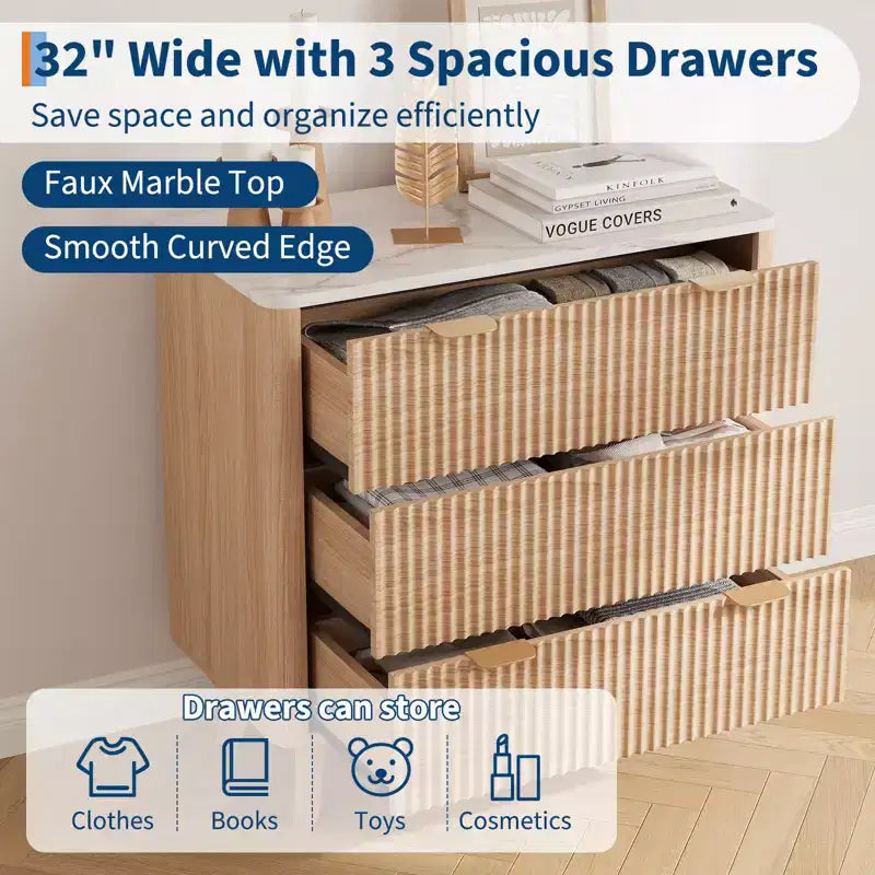 Ensemble de 2 tables de chevet cannelées 32 - Tables de nuit modernes en chêne avec plateau en faux marbre et 3 tiroirs (tables d'appoint incurvées pour chambre/salon)