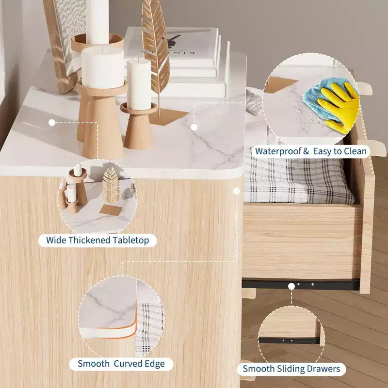 Ensemble de 2 tables de chevet cannelées 32 - Tables de nuit modernes en chêne avec plateau en faux marbre et 3 tiroirs (tables d'appoint incurvées pour chambre/salon)
