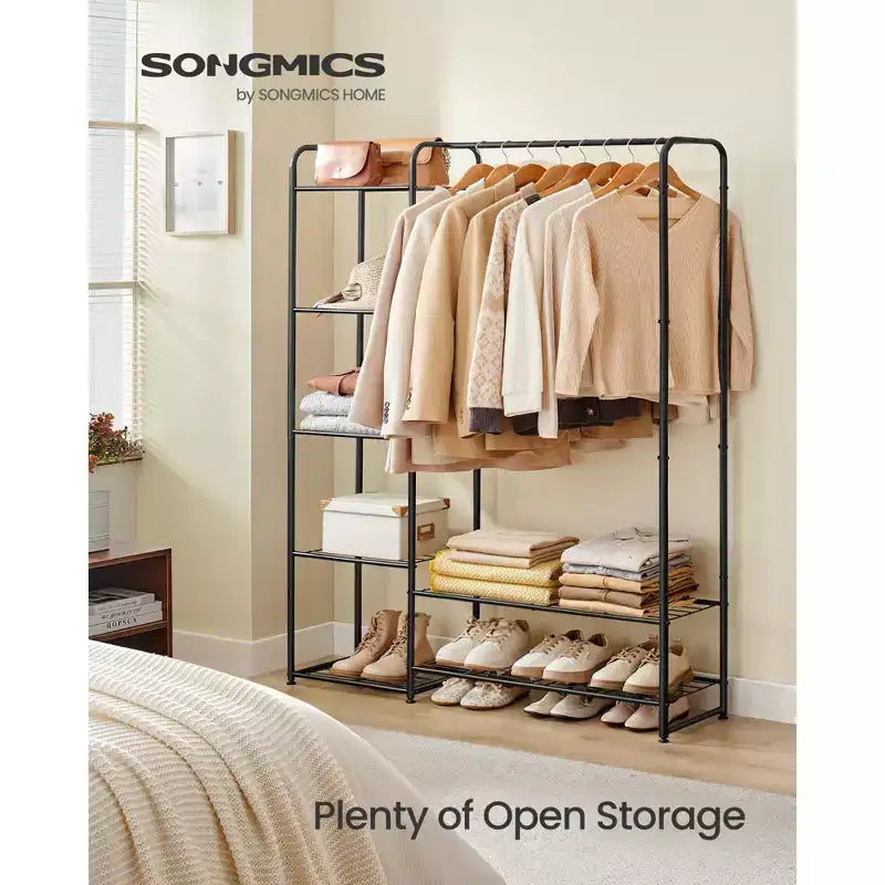 Armoire-penderie, Portant à vêtements portable de 112 cm avec 7 étagères et une barre de suspension, Cadre en acier robuste pour chambre à coucher, Noir