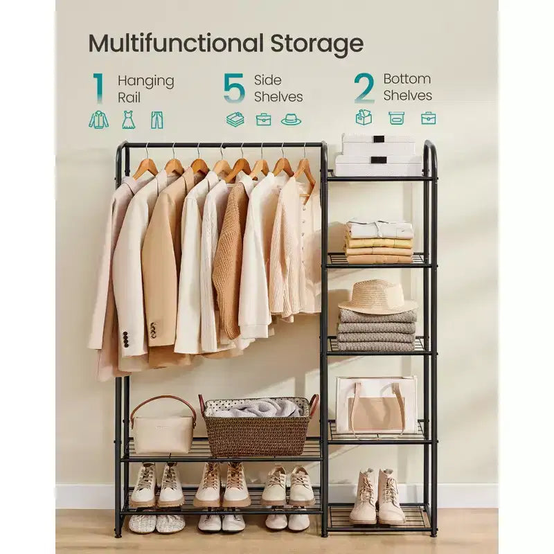 Armoire-penderie, Portant à vêtements portable de 112 cm avec 7 étagères et une barre de suspension, Cadre en acier robuste pour chambre à coucher, Noir
