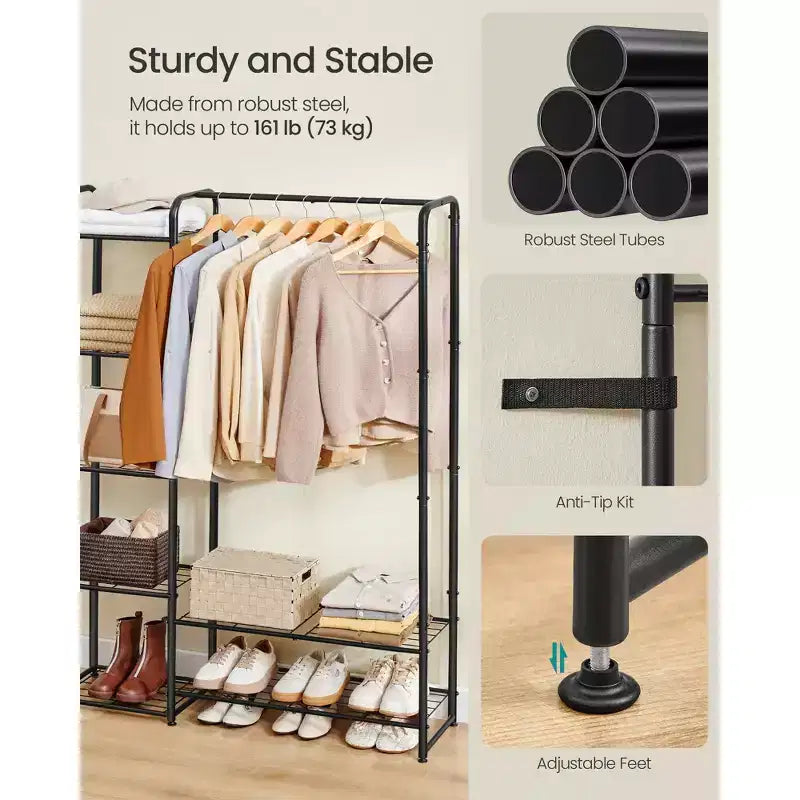 Armoire-penderie, Portant à vêtements portable de 112 cm avec 7 étagères et une barre de suspension, Cadre en acier robuste pour chambre à coucher, Noir