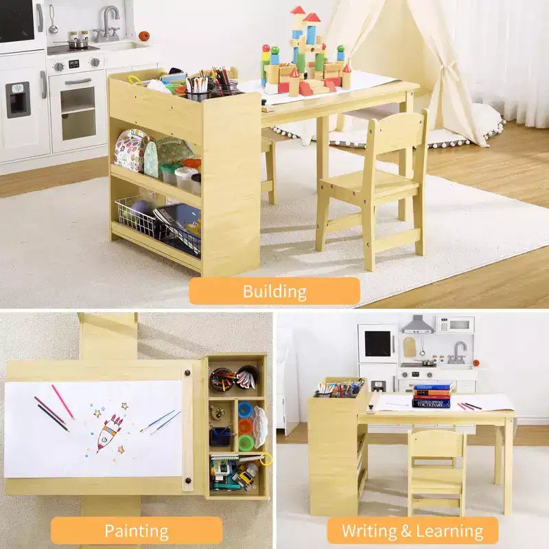 Table d'activités pour enfants avec 2 chaises, bureau artisanal en bois avec étagères de rangement, tables d'activités pour enfants de 2 à 10 ans, table à dessin